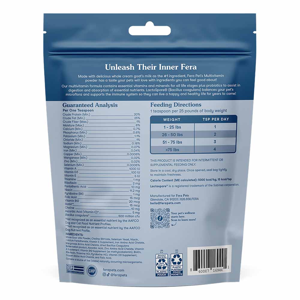 Fera Pets Multivitamin Goat Milk Supplement Powder For Cats & Dogs 6.34oz