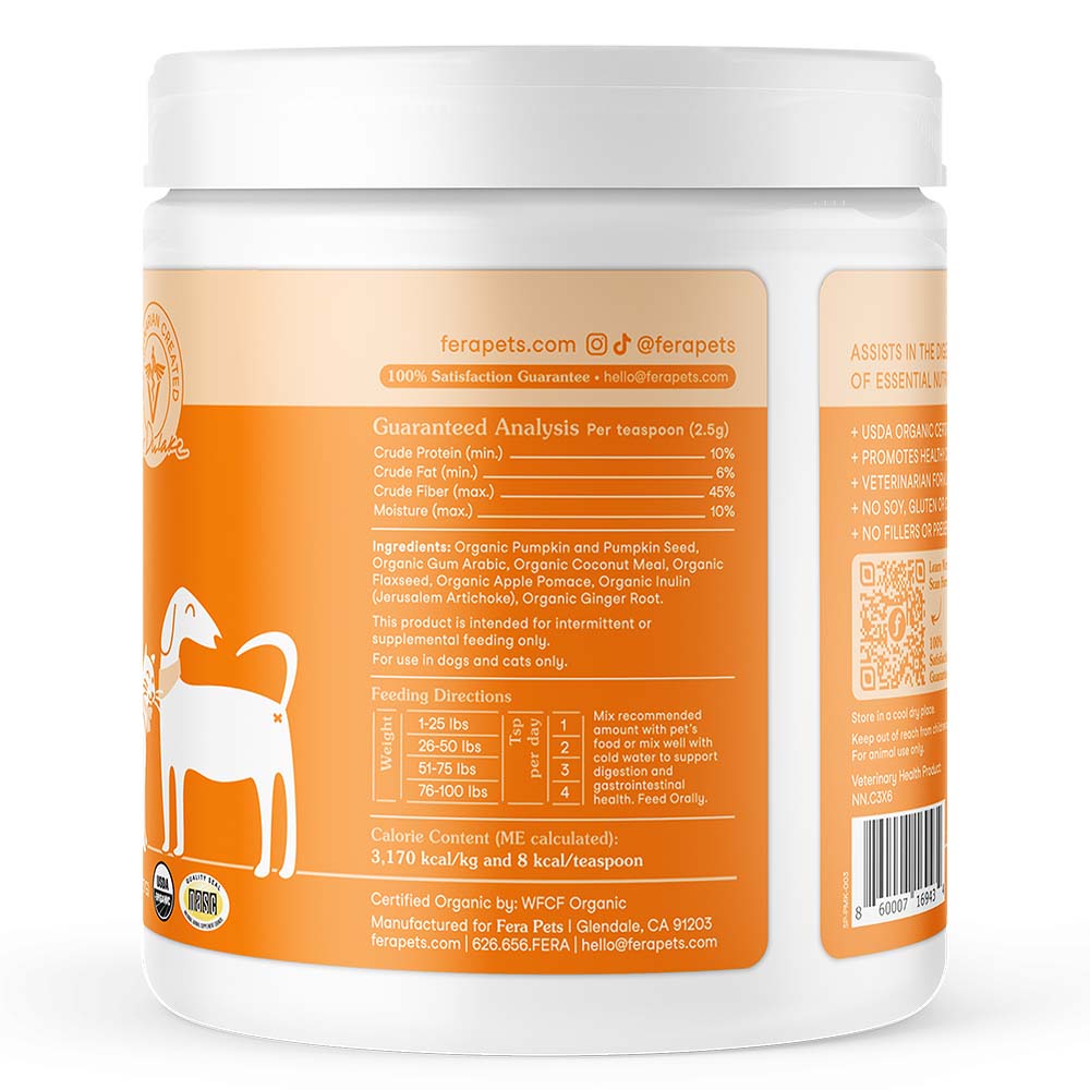 Fera Pets Organic Pumpkin Plus Fiber Support Supplement Powder For Cats & Dogs 8oz