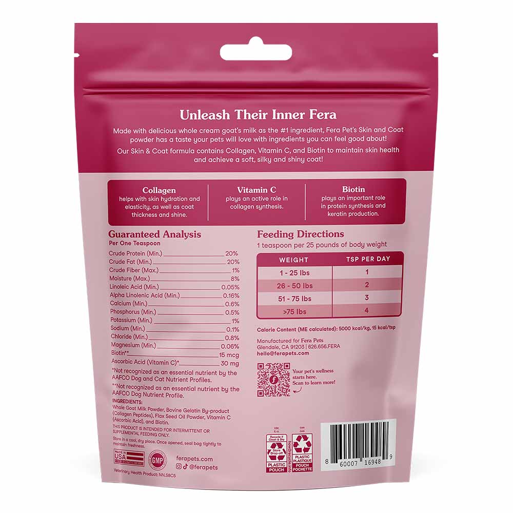 Fera Pets Skin & Coat Goat Milk Supplement Powder For Cats & Dogs 6.34oz
