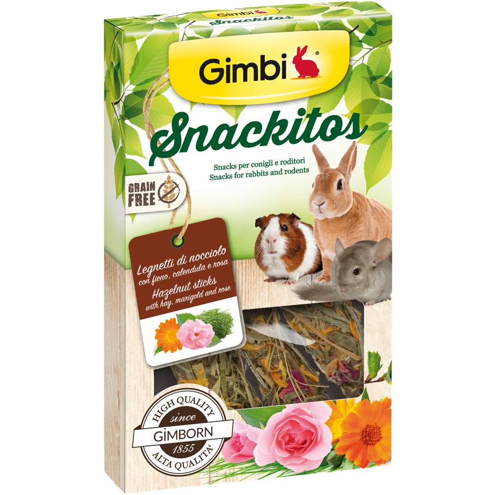 "Gimbi Snackitos Hazelnut Sticks With Hay, Marigold & Rose Treats For Small Animals 45g"